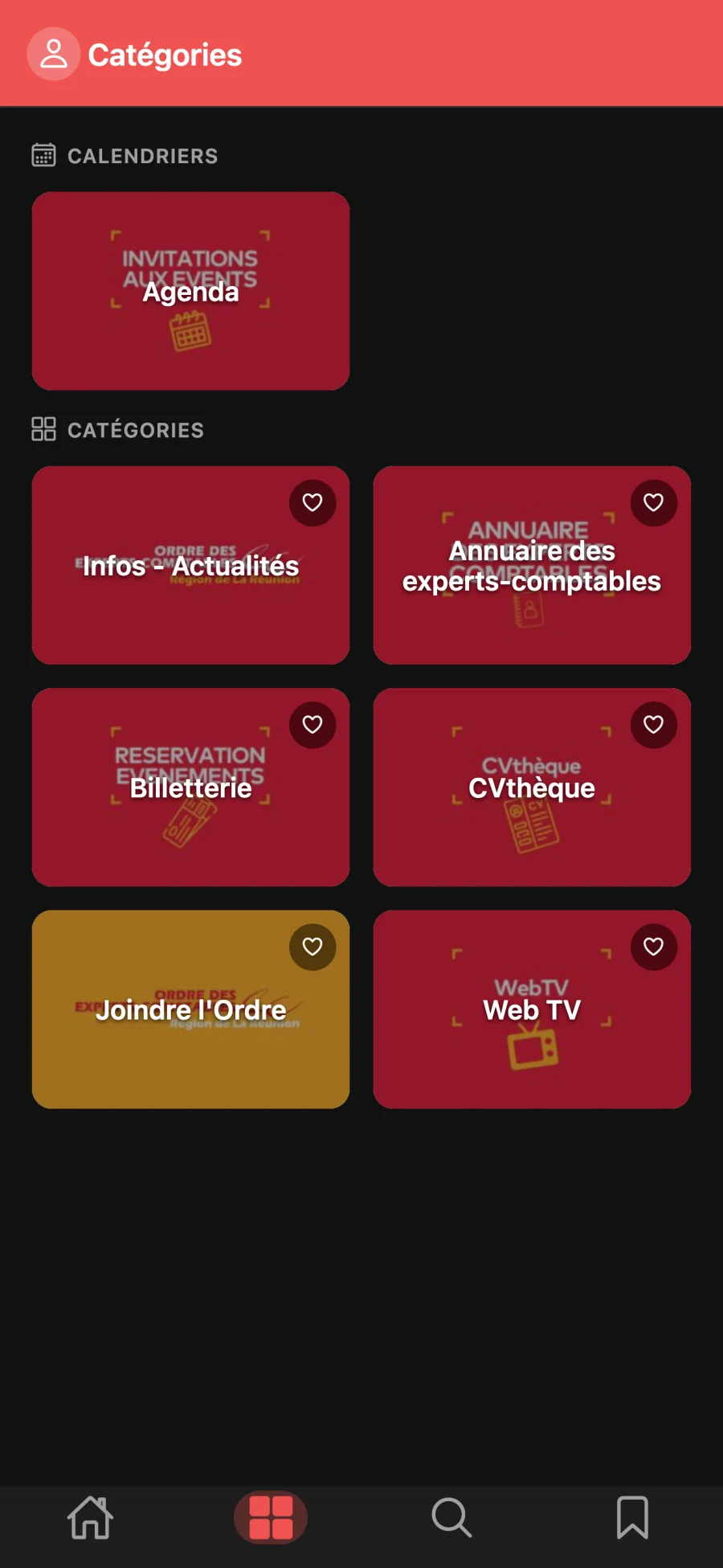 Catégories de l'application aCRO-EC : agenda, annuaire, billetterie, CVthèque, Web TV