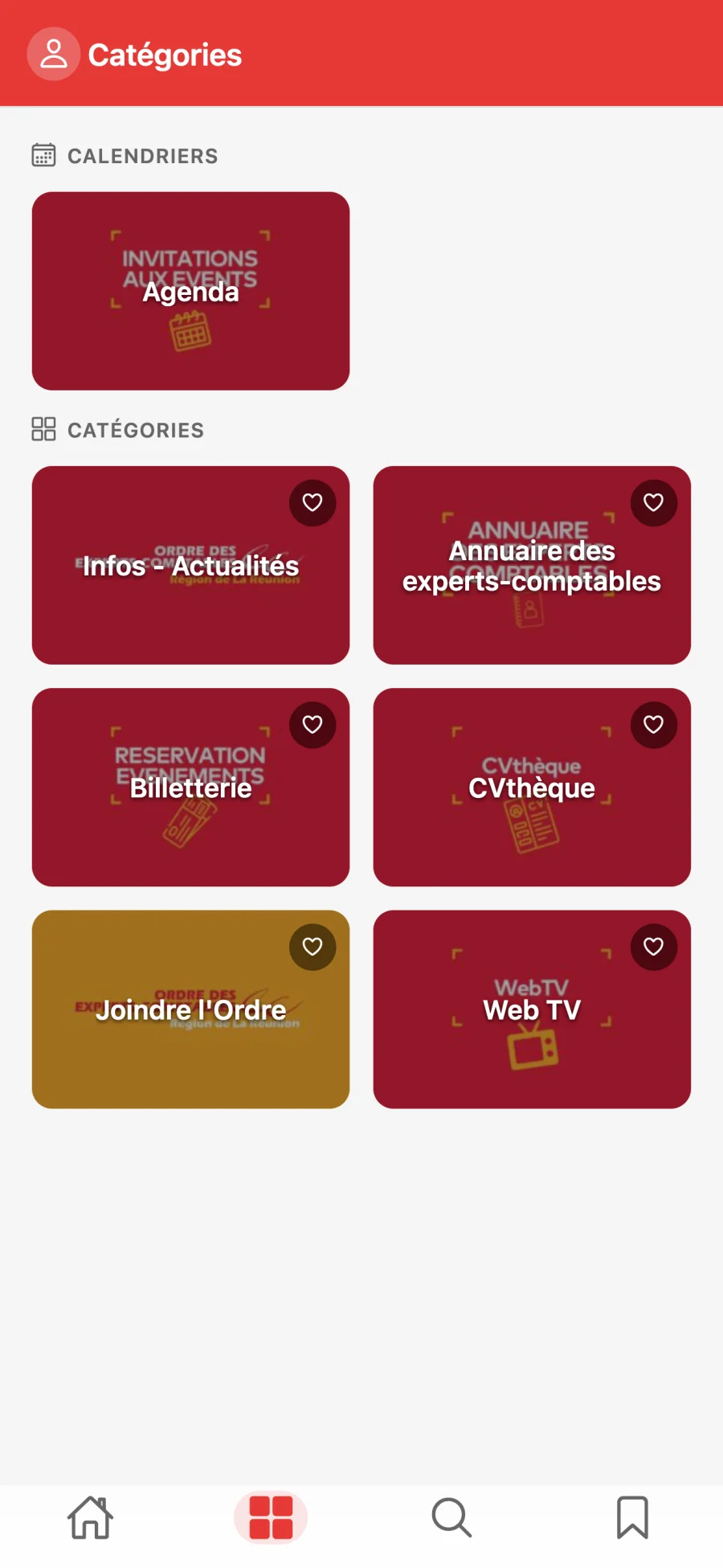 Catégories de l'application aCRO-EC : agenda, annuaire, billetterie, CVthèque, Web TV