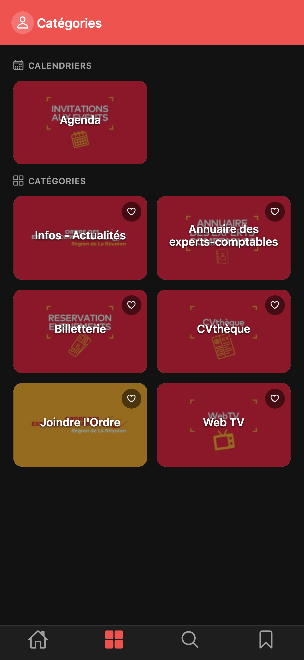 Catégories de l'application aCRO-EC : agenda, annuaire, billetterie, CVthèque, Web TV