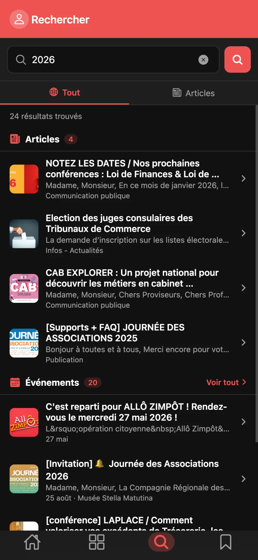 Recherche d'articles dans l'application aCRO-EC
