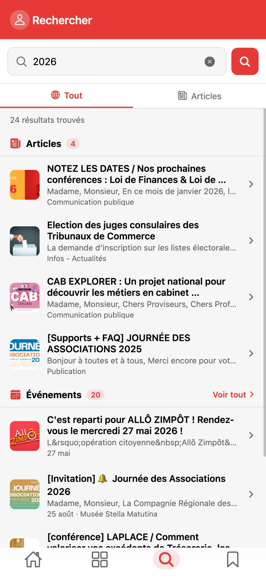 Recherche d'articles dans l'application aCRO-EC